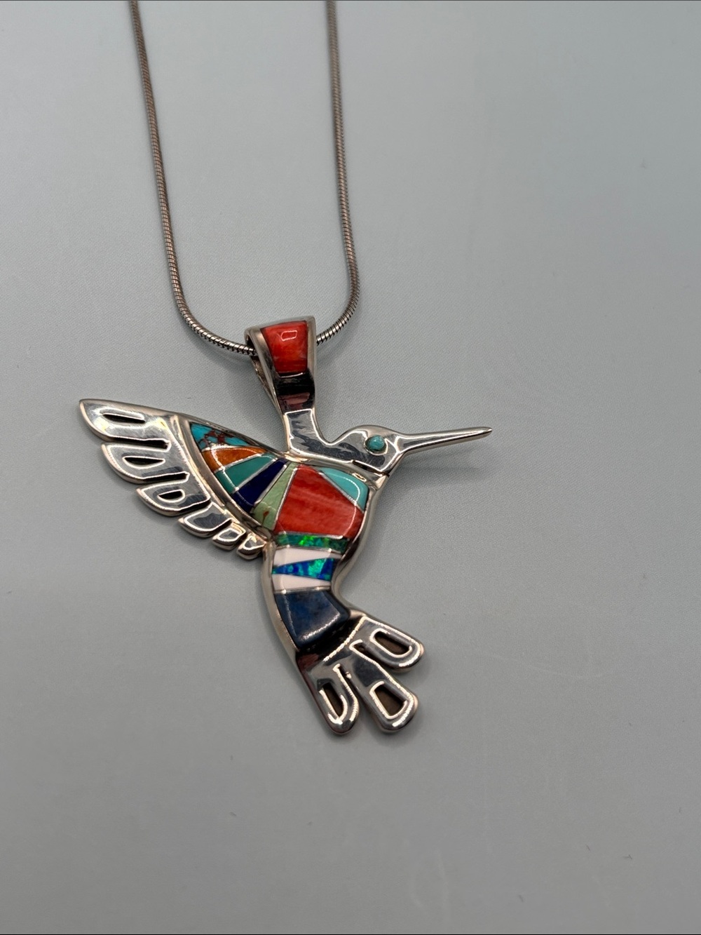 Gorgeous Sterling Silver Jasper Turquoise Lapis Opal Inlay Hummingbird Necklace - Picture 5 of 6